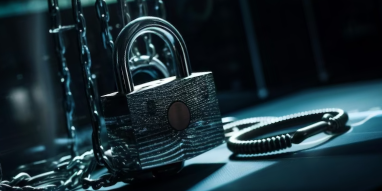 Metallic padlock on chain provides security system safety generated by AI