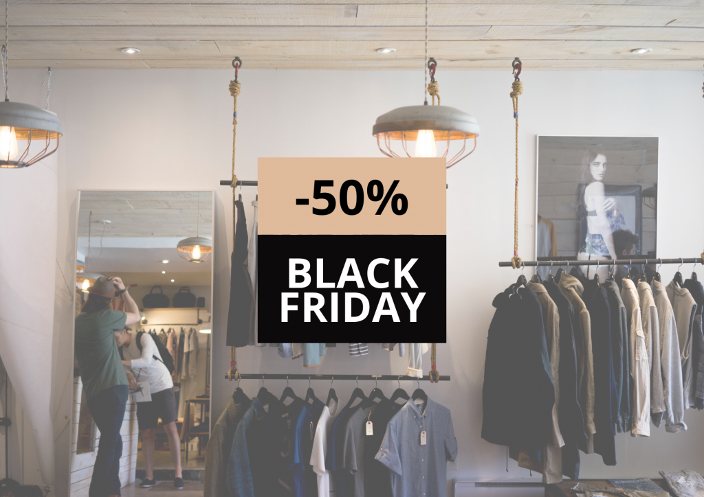 clothing store - black friday - offers - discount - people reflected in mirror - lamps